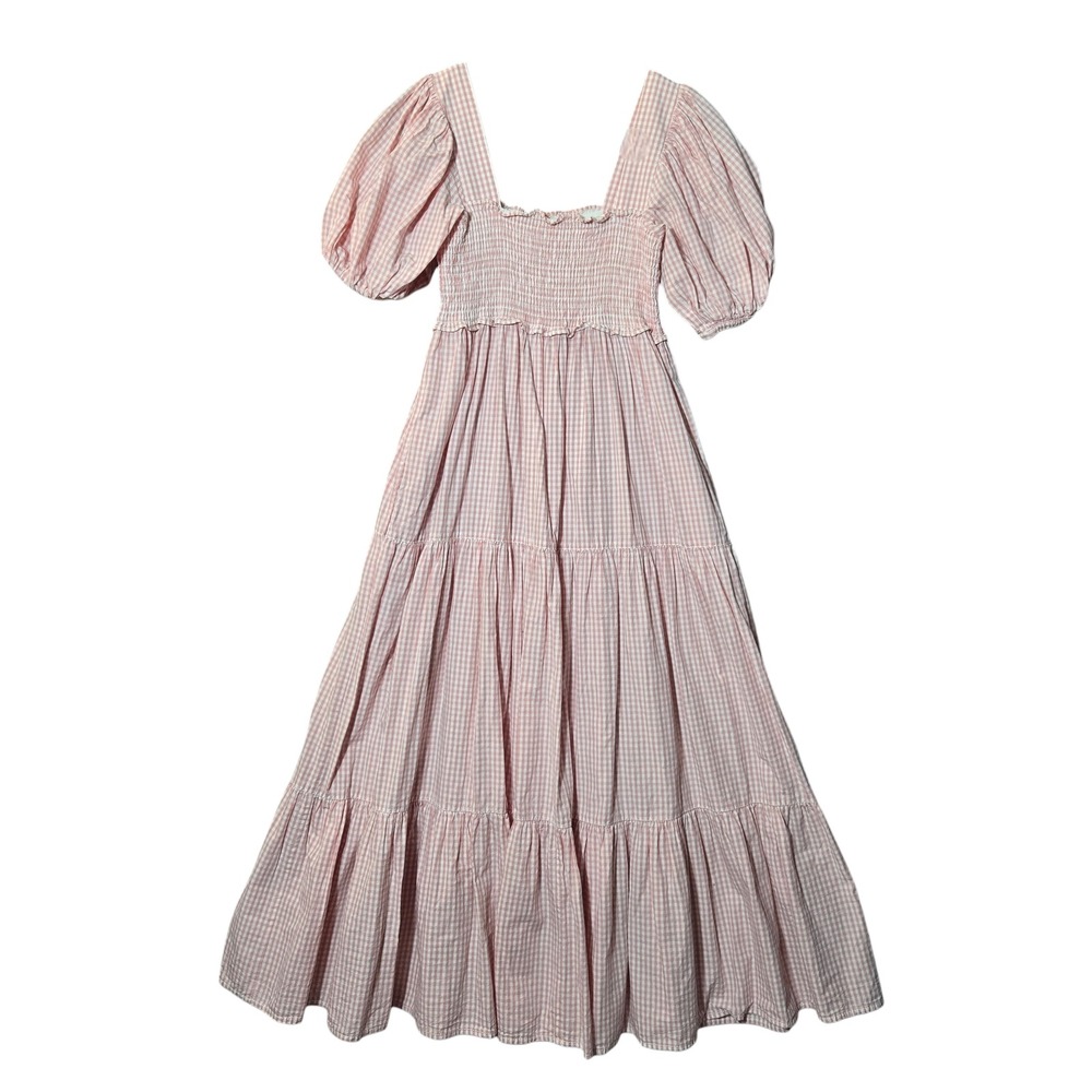 ByTiMo Gingham Smocked Puff Sleeve Poplin Tiered Midi Dress Pink XS Cottagecore